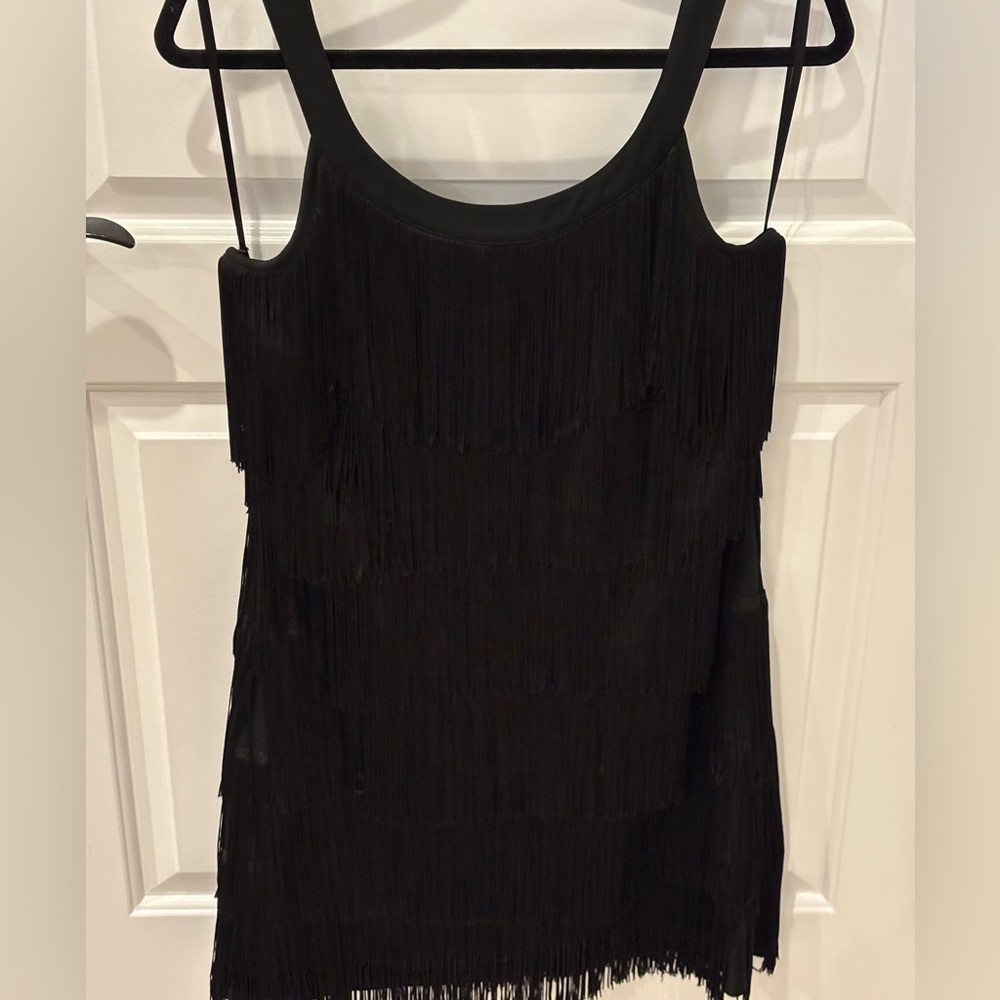 White House Black Market Black Fringe Sleeveless Dress and Fringe Jacket